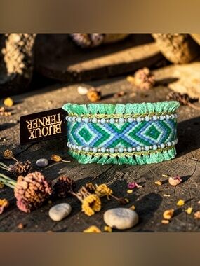 💙💚BIJOUX TERNER💙💚Mint Green & Blue Woven/Beaded Boho Cuff Bracelet/NWT